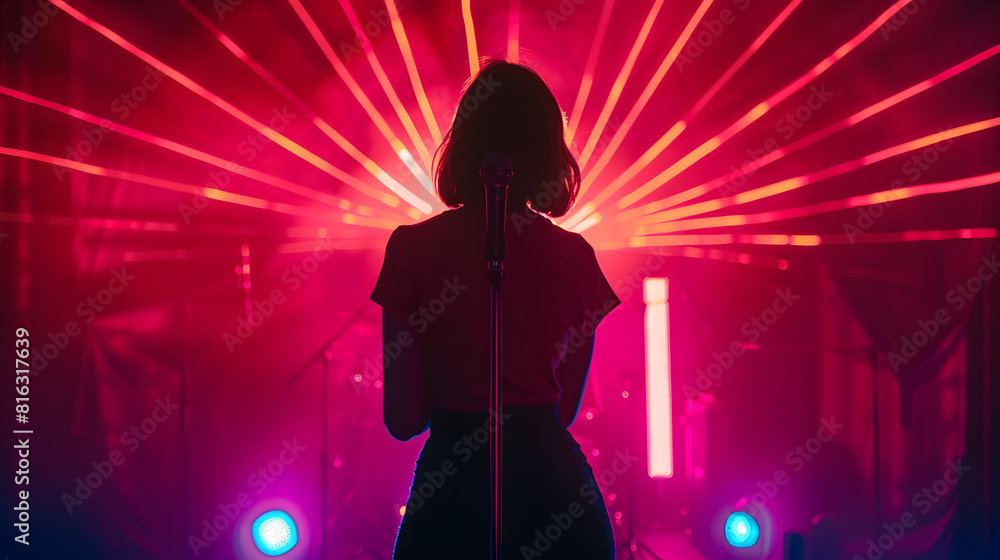Poster unrecognizable singer standing on stage at microphone back view neon lights : generative ai
