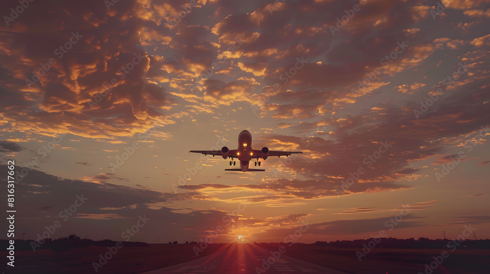 Poster plane goes on takeoff at sunset landing plane at sunset cloudy sky : generative ai