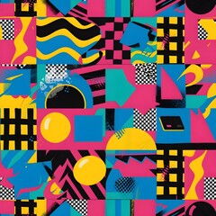 Background illustration, Seamless geometric pattern in retro 90’s style. Background 90s style with typical colors and shapes