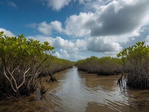 Young mangrove trees growing along the coast in tropical beach with cloudy blue sky. Ai Generative.