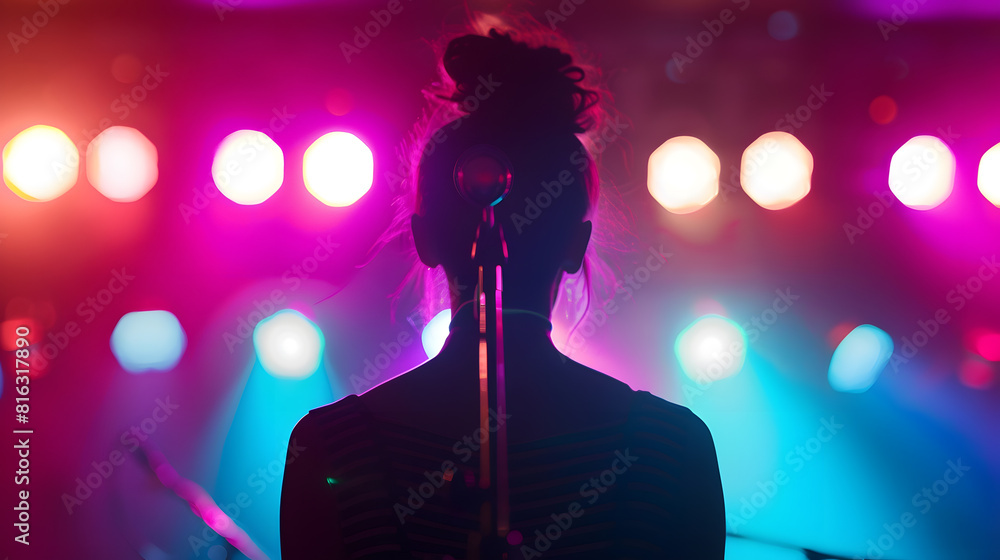 Poster unrecognizable singer standing on stage at microphone back view neon lights : generative ai