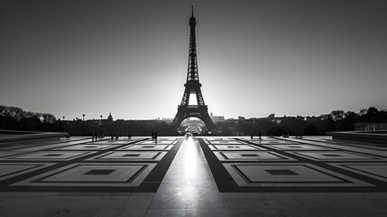 Eiffel Tower French Tour Eiffel silhouette at dawn View from Trocadero Square with geometrical marble pavement Paris France Black and white photography : Generative AI