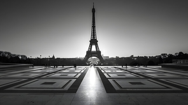 Eiffel Tower French Tour Eiffel silhouette at dawn View from Trocadero Square with geometrical marble pavement Paris France Black and white photography : Generative AI