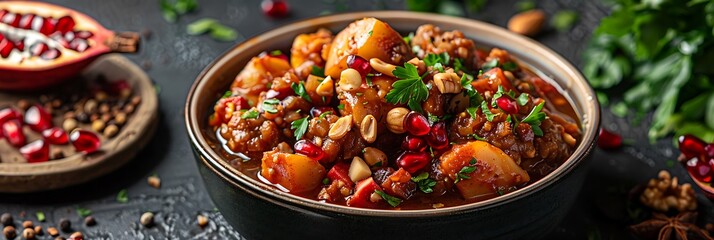 Fresh presentation of Persian Fesenjan Pomegranate Walnut Stew, food studio photography