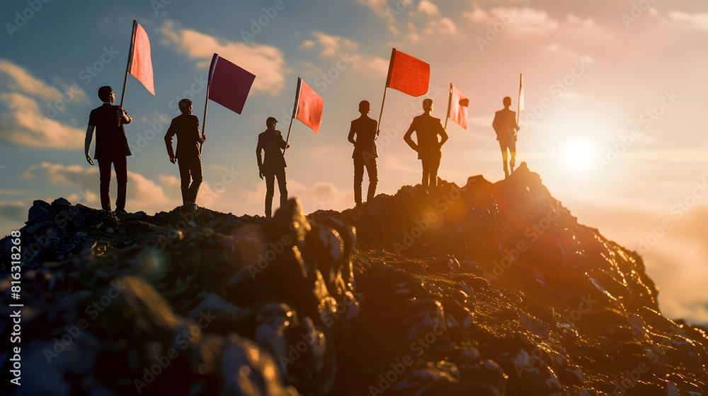 Poster Goal setting towards planning for the future Silhouettes of group businessmen holding target boards with flags planted on a mountain Concept of a clear planning process and teamwork : Generative AI