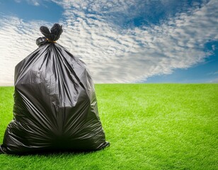Dark waste sack on green lawn