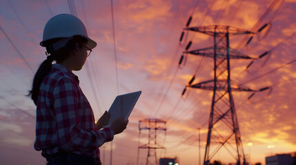 Woman engineer power engineer in helmet checks power line using computer tablet online Electrician in outdoors Electric lines of high voltage at sunset Distribution and supply of elect : Generative AI