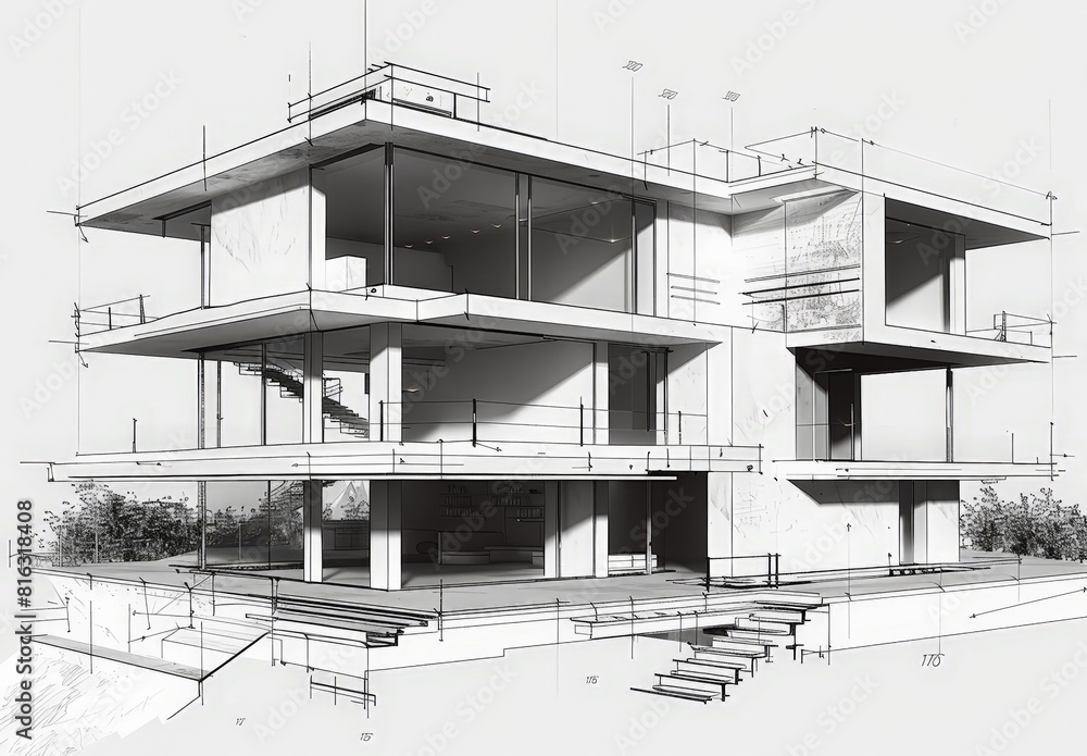 Poster wireframe rendering of a contemporary house with technical details