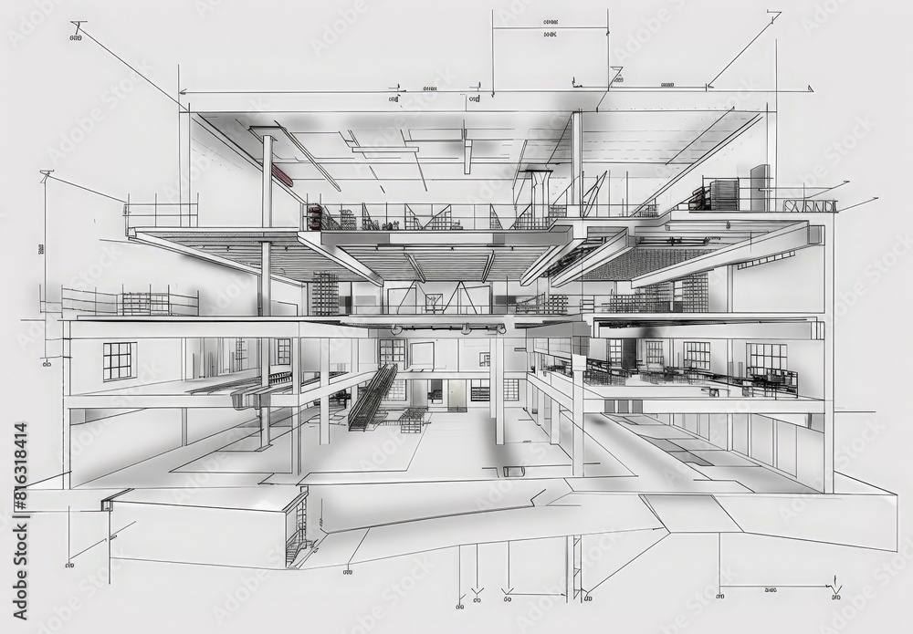 Poster wireframe rendering of a contemporary house with technical details