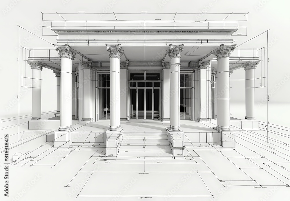 Poster Wireframe rendering of an ancient building in the classical style