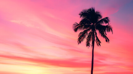 Obraz premium A solitary palm tree stands out in silhouette against a fiery sunset sky filled with hues of pink and orange in miami florida : Generative AI