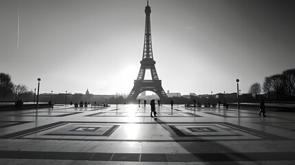 Eiffel Tower French Tour Eiffel silhouette at dawn View from Trocadero Square with geometrical marble pavement Paris France Black and white photography : Generative AI