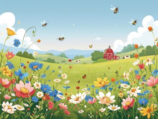 Beautiful Nature Scene with Vibrant Wildflowers, Buzzing Bees, and Rolling Hills under a Clear Blue Sky with a Distant Barn