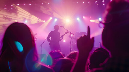 Music festival concert or people singing at night performance for gen z party nightclub lights and...