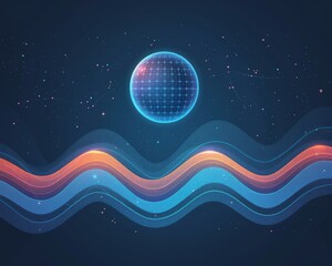 Futuristic Digital Art with Glowing Sphere and Colorful Wave Patterns on Dark Space Background - Abstract Technology Design