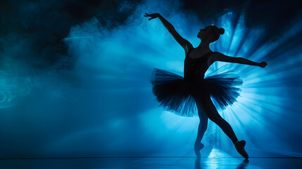 Ballerina in black tutu dress dancing on stage with magic blue light and smoke Silhouette of young attractive dancer in ballet shoes pointe performing in dark Copy space : Generative AI