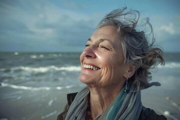 joyful maturity attractive senior woman laughing at beach lifestyle photography