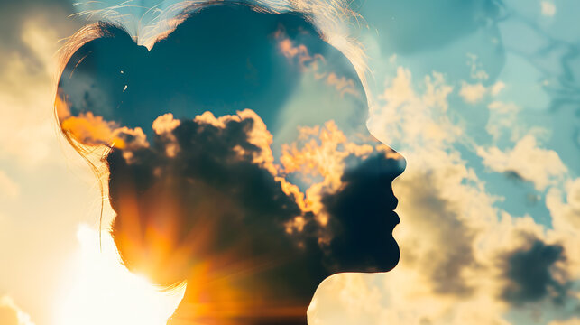Psychology and woman mental health and weather dependent concept Multiple exposure clouds and sun on female head silhouette : Generative AI
