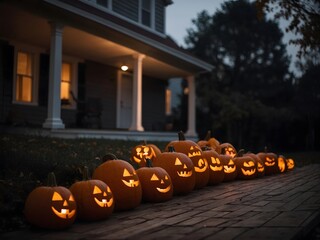 Obraz premium Pumpkin lantern with blurred background of house terrace at night for halloween decoration. Ai Generative.
