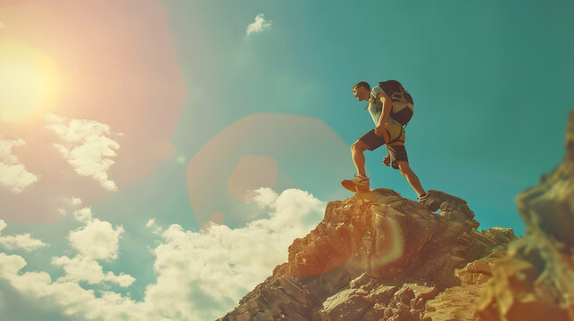 Fit young determined man climbing to top of mountain : Generative AI