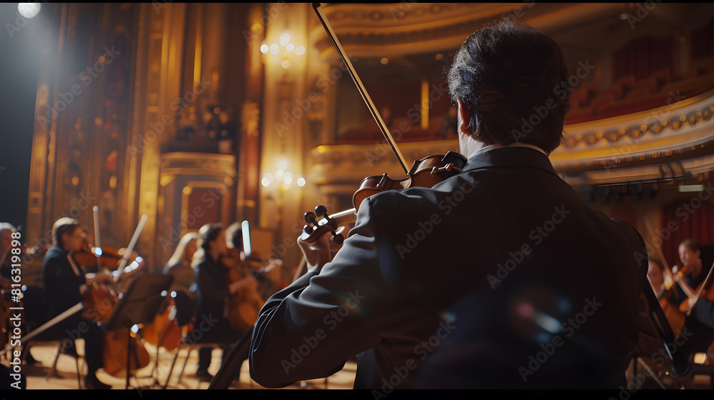 Poster back view cinematic shot of conductor directing symphony orchestra with performers playing violins c