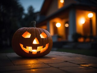 Fototapeta premium Pumpkin lantern with blurred background of house terrace at night for halloween decoration. Ai Generative.