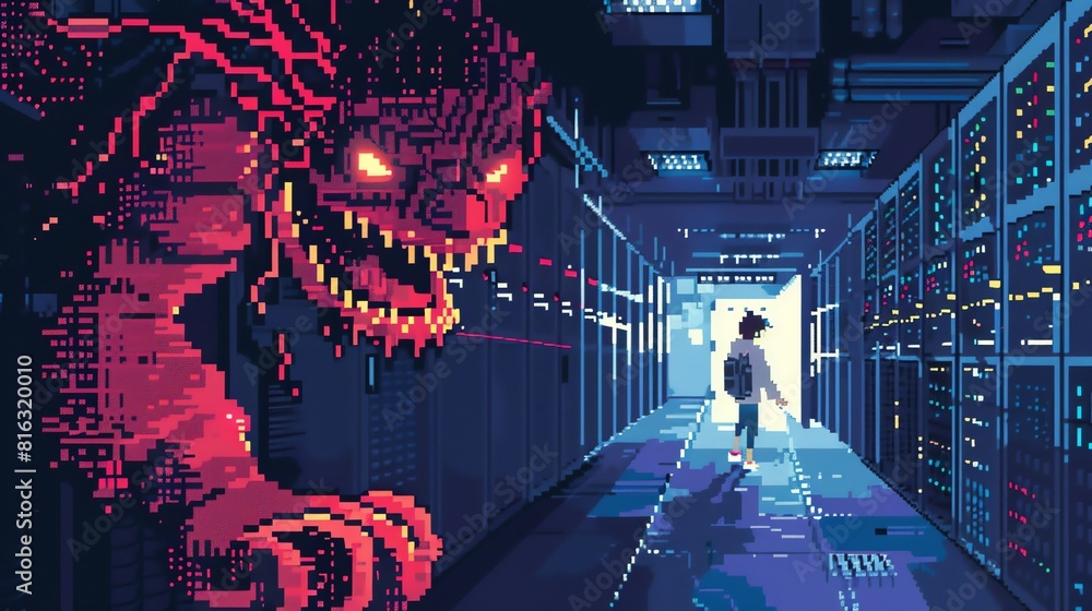 Poster a lone hacker is being chased by a digital demon in a dark server room. the hacker is wearing a back