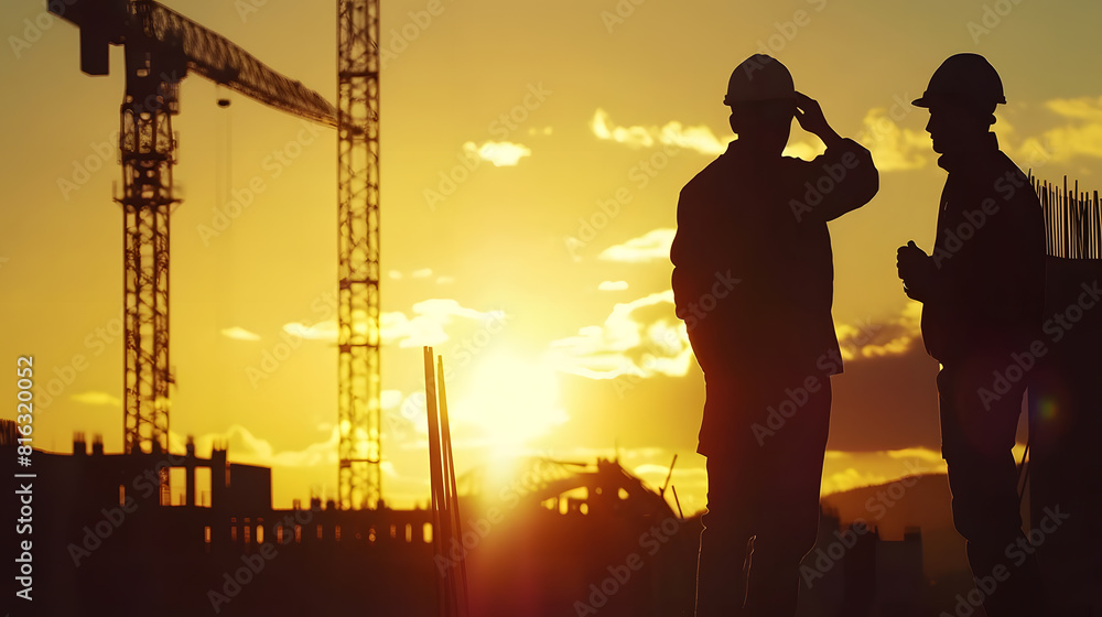 Aufkleber Silhouette of Engineer and worker checking project at building site background construction site at sunset in evening time : Generative AI