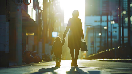 Mother child silhouette walking in a urban street setting : Generative AI