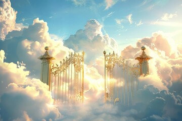 majestic golden gates leading to a serene heavenly realm amidst fluffy white clouds digital painting