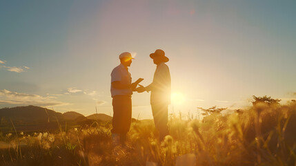 Two farmers talk on the field then shake hands Use a tablet : Generative AI