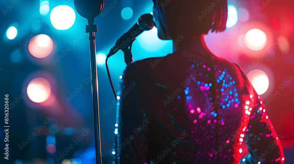 Poster unrecognizable singer standing on stage at microphone back view neon lights : generative ai