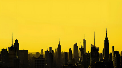 Fototapeta premium New York City skyline buildings form silhouette shapes against the yellow background sky in Manhattan : Generative AI