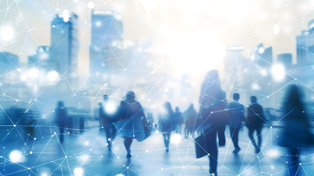 Network and internet communication concept Silhouettes of business people in abstract city with double exposure of blurry network interface Toned image : Generative AI