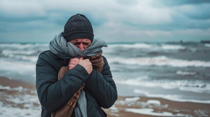 Obraz premium Depressed man shivering on a beach due to cold weather