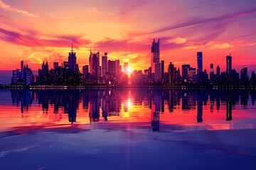 Crimson Sunset Over a Skyline with Reflections on the Water