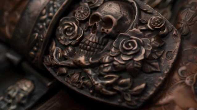 A weathered leather belt with a large ornate buckle featuring skulls and roses. 2d flat cartoon.