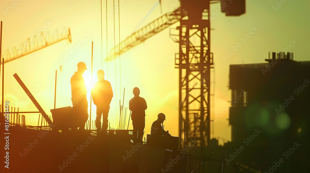 Poster silhouette of engineer and construction team working at site over blurred background sunset pastel f