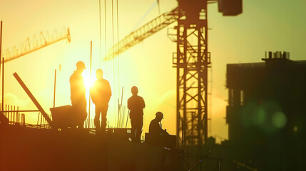 Silhouette of engineer and construction team working at site over blurred background sunset pastel for industry background with Light fair : Generative AI