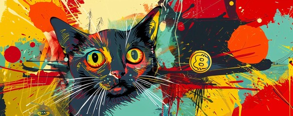 Vibrant Cat Poster with Splash Art Background