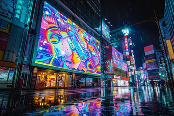 Vibrant Night-Time Street with Illuminated Neon Signs and Rain-Soaked Reflections