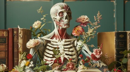 Skeleton With Open Book In A Vintage Atmosphere