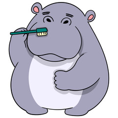 hippo standing and brushing its teeth to be healthy