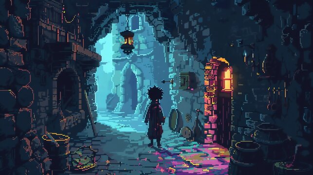 A pixel art illustration of a person walking down a dark alleyway. The alleyway is lit by a few lanterns and the person is wearing a long cloak.
