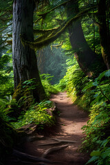 Tranquil Hiking Trail Winding through Lush Woodland under a Sunlit Canopy - Perfect Escape into Nature