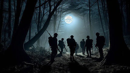 Soldiers trekking through a moonlit forest, silhouetted against the glowing canopy above, their gear casting elongated shadows on the forest floor, creating an atmosphere of suspense and camaraderie, 