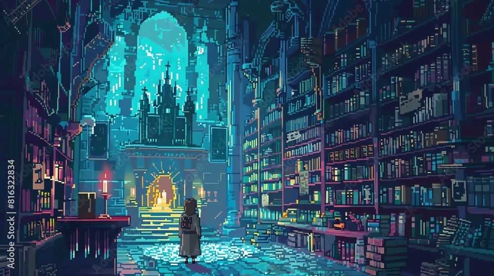 Poster the image is a pixel art illustration of a library. the library is full of bookshelves and there is 