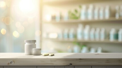 Pharmacology medicine stand mockup, empty podium on table with banner and copy space, showcasing pharmaceutical products, research, and innovation in the healthcare industry.