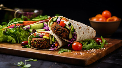 A falafel wrap sits on a wooden board background. Food photography. Generative AI