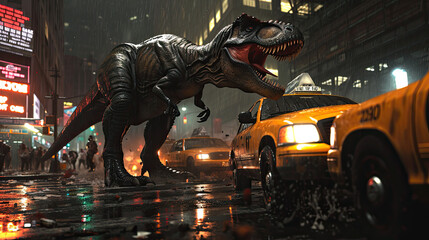 A giant T-rex walks down a city street at night. Cars are stopped and people watch in awe.